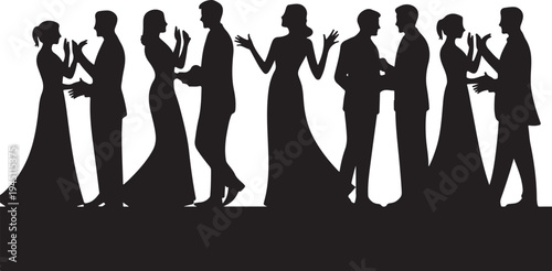 Black silhouettes of couples dancing in formal wear on white