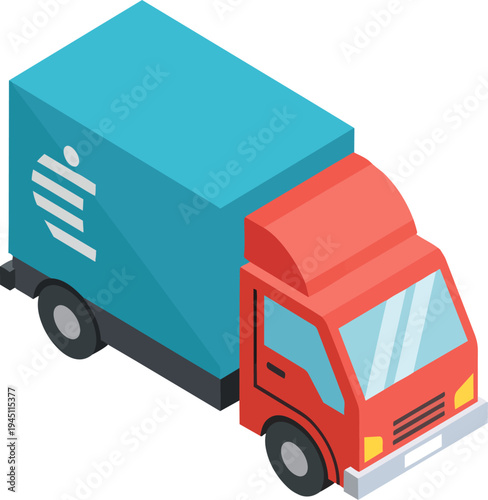 Isometric illustration of a red and blue delivery truck, symbolizing logistics and shipping services.