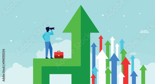 Visionary Professional Leader Using Binoculars Standing On Large Green Arrow Watching Multiple Rising Business Trends Success Growth And Strategy Development