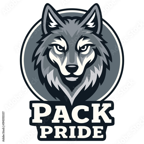 Illustration of a fierce wolf head logo with intense expression and bold typography banner below for pack pride concept design