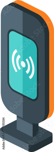 Isometric illustration of a dark grey and orange wireless signal device with a teal screen displaying a Wi-Fi icon on a dark base.