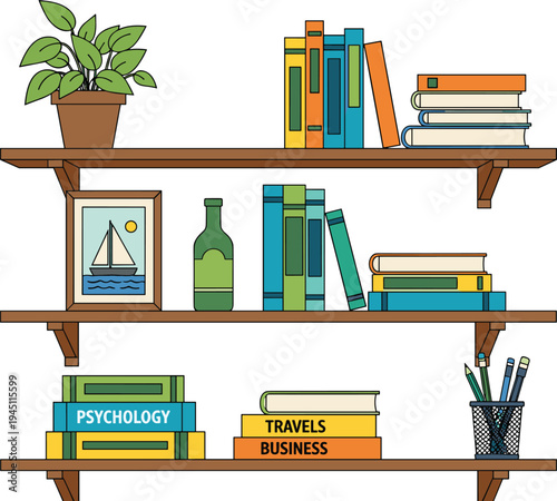 Wooden wall shelves with books plant frame and stationery home library interior vector illustration