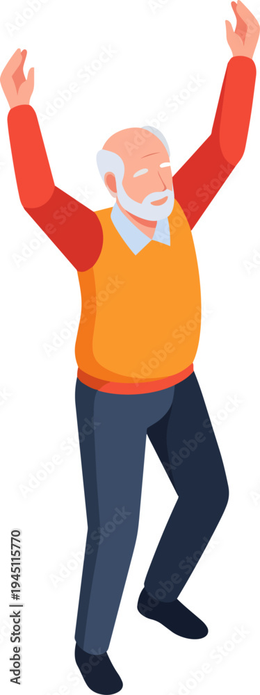 Fototapeta premium Isometric illustration of a happy elderly man with white hair and beard, wearing an orange vest and red shirt, raising his arms in celebration or dance.