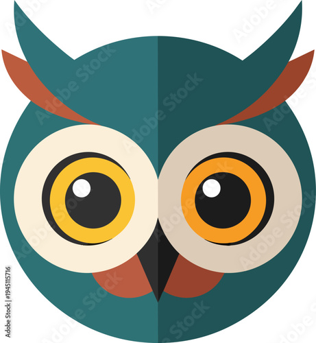 A minimalist flat design illustration of an owl's head with large yellow eyes and teal feathers, featuring geometric shapes and a modern aesthetic.