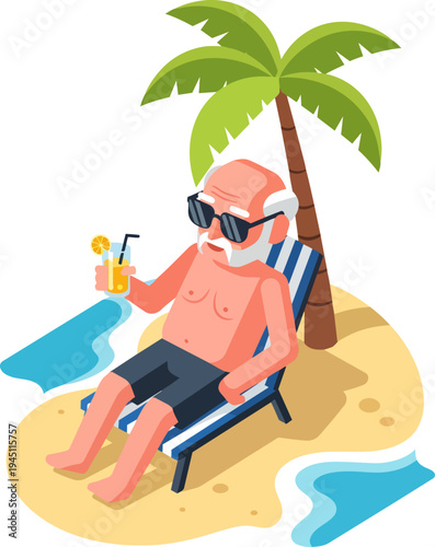 An elderly man with a white beard and sunglasses relaxes on a beach chair under a palm tree, enjoying a tropical drink by the ocean.