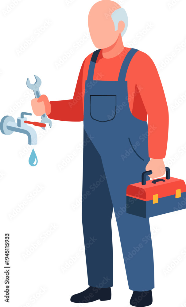 Fototapeta premium Elderly plumber in overalls fixing a dripping faucet with a wrench and holding a toolbox, offering professional repair service.