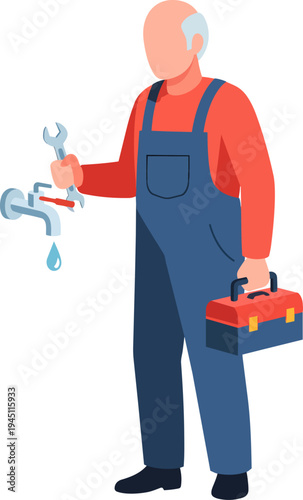 Elderly plumber in overalls fixing a dripping faucet with a wrench and holding a toolbox, offering professional repair service.