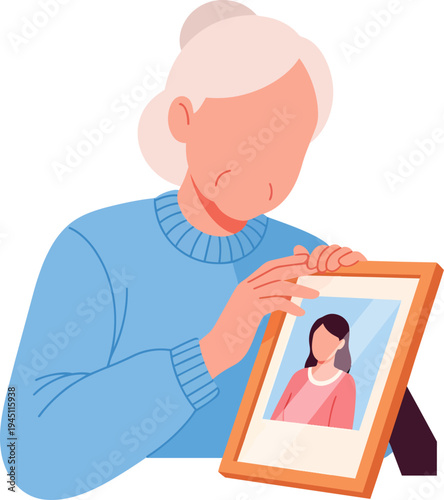 Elderly woman with white hair gently holding a framed photograph of a younger woman, appearing to reminisce or feel nostalgic.