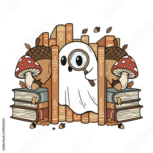 Ghost Peeking from Bookshelf Design, Fall Ghost Reading Clipart, Cute Bookish Ghost Illustration, Cozy Autumn Ghost Design, Halloween Book Lover Ghost