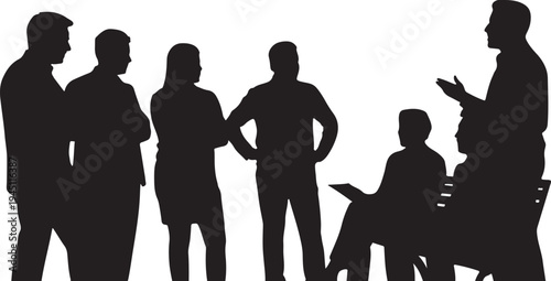 Black silhouettes of people standing and sitting in discussion