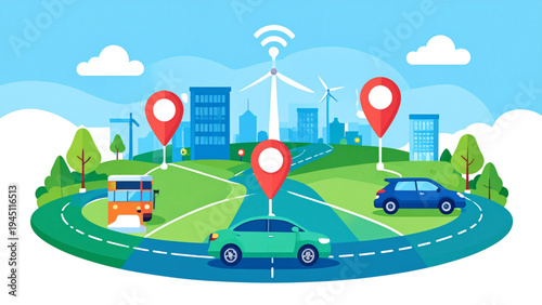 Electric Car Route Map with Charging Stations – EV Navigation Illustration