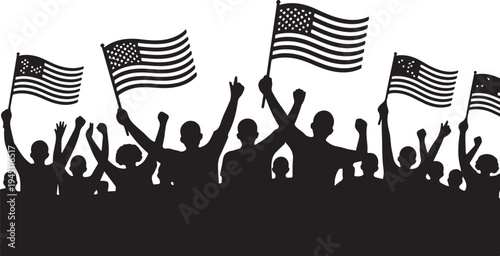 Black silhouettes of people waving american flags crowd