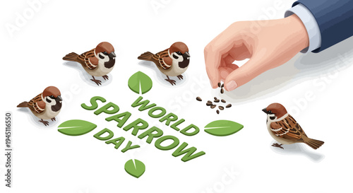 A hand feeding sparrows on World Sparrow Day with a design concept for bird conservation and urban wildlife protection.