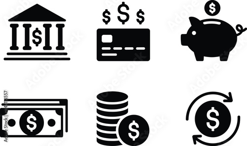 Financial Icons Bank Credit Card Piggy Bank Money Stack Coins And Currency Exchange finance banking