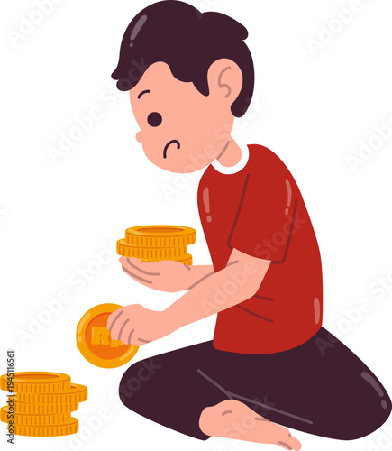 Kartun Pria Sedih Menghitung Jumlah Koin yang Tersisa