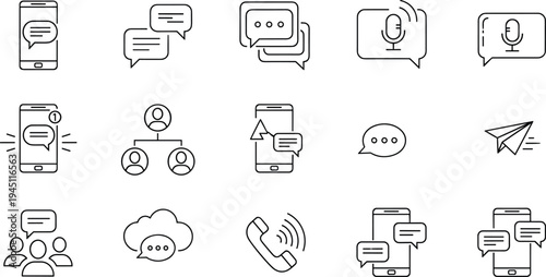 Mobile Messaging and Communication Outline Icon Set with Smartphone Chat Speech Bubble Voice Message Microphone Call and Group Conversation Symbols