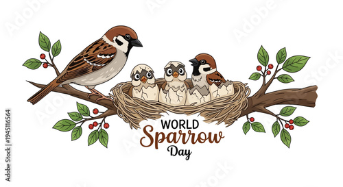 Illustration of a house sparrow and its chicks in a nest on a branch with leaves and berries, celebrating World Sparrow Day with a conservation theme.