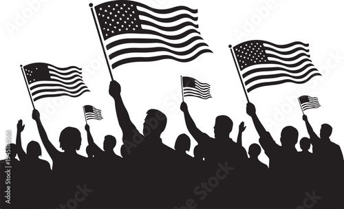 Black silhouettes of people waving american flags crowd