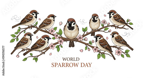 Illustration of house sparrows perched on a flowering branch with green leaves, celebrating World Sparrow Day with a nature conservation theme.
