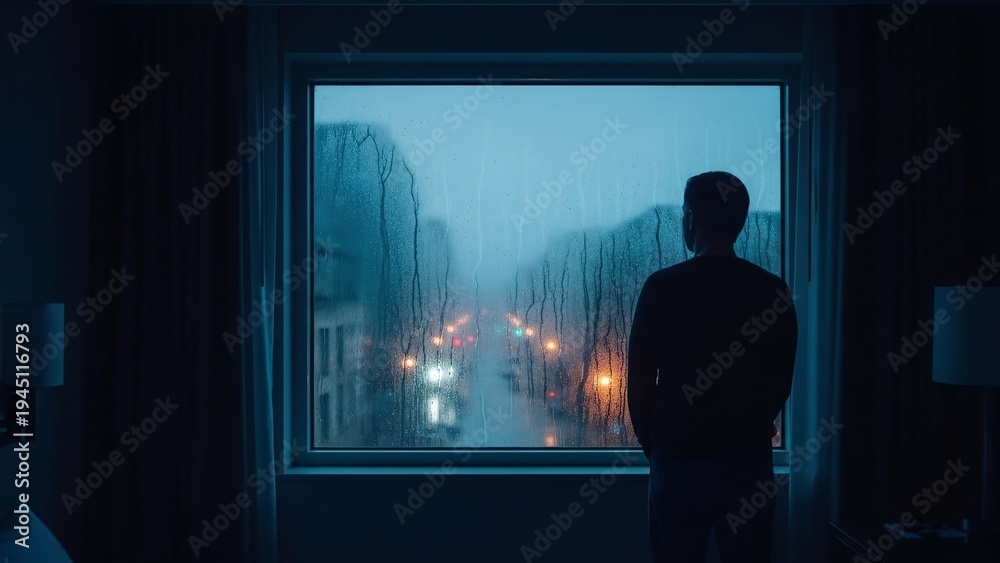 Fototapeta premium Man Standing by Window at Night.