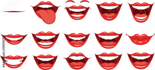 Cartoon red lips and mouth expressions collection smiling talking laughing vector illustration set
