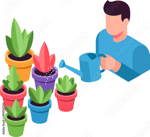 An isometric illustration of a person watering a collection of potted plants with a blue watering can, showcasing indoor gardening.
