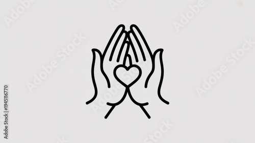 Praying hands with heart symbol representing love care and spirituality in a simple line art style on a light gray background