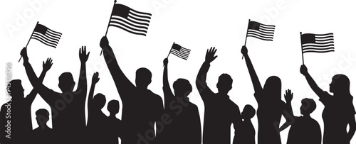 Black silhouettes of people waving american flags crowd