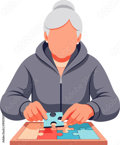 An elderly woman with grey hair focused on assembling a colorful jigsaw puzzle at a table, engaging in a relaxing mental activity.