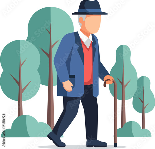 An elderly man with a hat and cane walking through a park with stylized green trees and bushes, depicted in a flat vector illustration style.