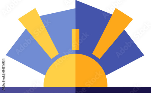 Abstract geometric illustration of a stylized sunrise with yellow and orange rays emanating from a semi-circular sun against a dark blue background.