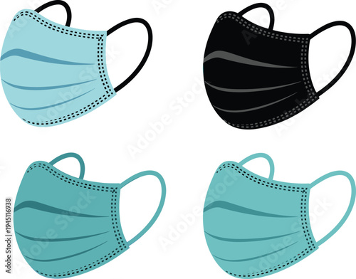 Four Medical Face Masks In Light Blue And Black With Elastic Ear Loops On White Background medical mask