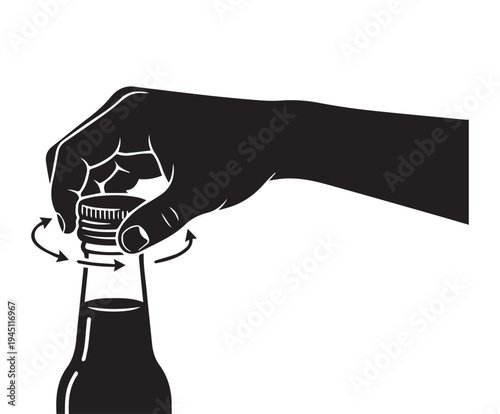 Hand opening a bottle cap Icon Silhouette vector black design on a white background