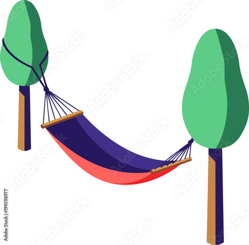 An illustration of a vibrant blue and red striped hammock tied between two stylized green trees, ready for relaxation.