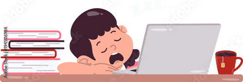 Ilustrasi Gadis Ngantuk Berat di Kantor atau Sekolah