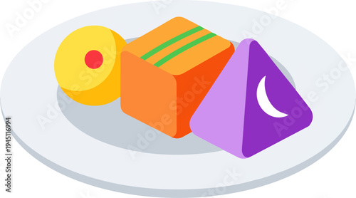 A white plate holds three colorful, geometric-shaped candies: a yellow cylinder, an orange cube with green stripes, and a purple triangle with a white crescent.