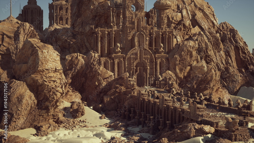 Naklejka premium rocky cliff city carved into mountain, sunlit sandstone ruins and wooden bridge, towering columns and carved facades, sandy foreground with windblown dunes,