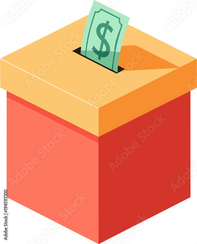A red donation box with an orange lid and a green dollar bill being inserted into the slot.