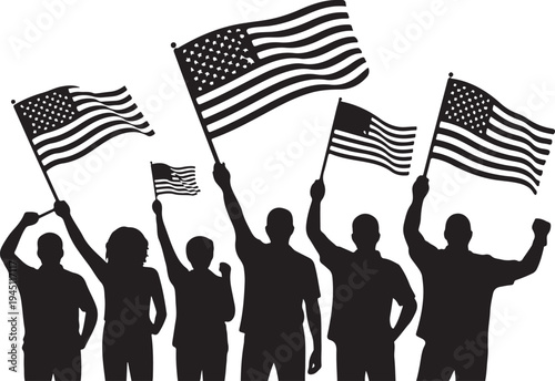 Black silhouettes of people waving american flags people waving