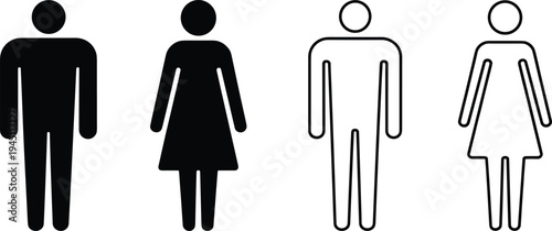Male and Female Icons in Solid Black and Outline Styles woman person
