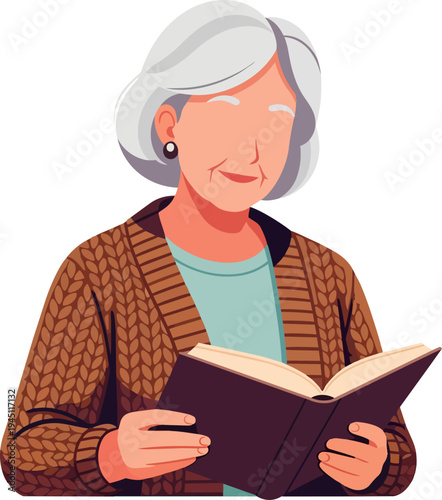 An elderly woman with white hair wearing a brown knitted cardigan, gently smiling while engrossed in reading an open book.