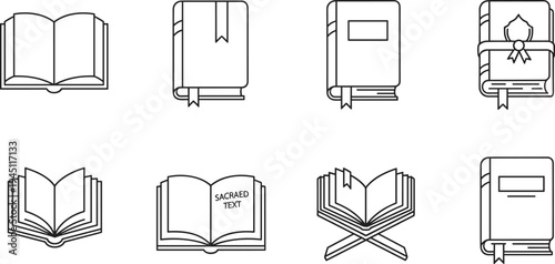 Open and Closed Book Icon Set Featuring Sacred Text, Study Books, Reading Materials and Educational Literature Symbols for Learning and Knowledge Design