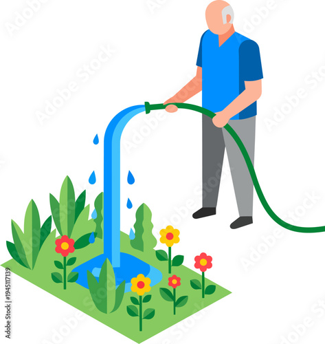 An older man watering a vibrant garden with a hose, tending to green plants and colorful flowers under a bright sky.
