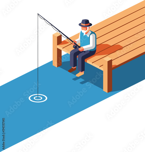 Isometric illustration of an elderly man fishing from a wooden pier on a calm blue body of water, enjoying a peaceful outdoor hobby.