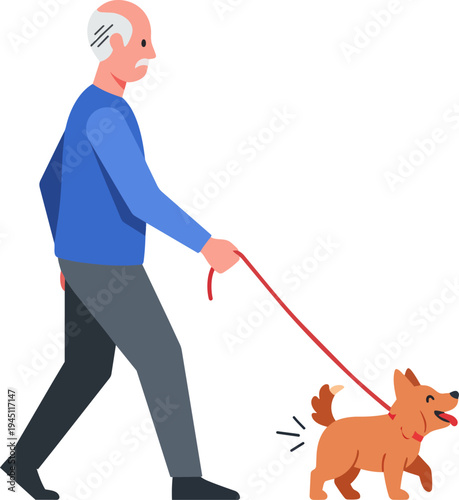 An elderly man with white hair and a blue shirt walks a small brown dog on a red leash, with the dog's tail wagging happily.