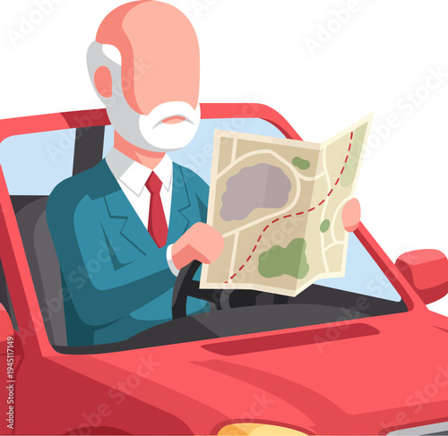 An older man with a white beard in a red car, looking at a paper map to find his way, illustrating navigation or being lost.