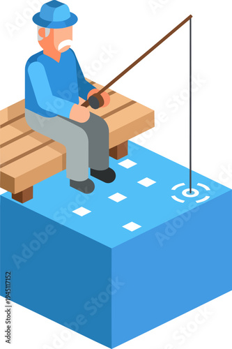 Isometric illustration of an elderly man fishing from a wooden bench on a blue water block, wearing a blue hat and shirt.