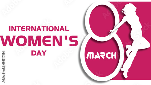 International Women’s Day Concept Illustration Featuring Jumping Woman Silhouette Inside Number Eight Pink Background Banner