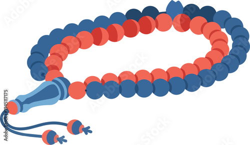 A vibrant illustration of prayer beads, featuring alternating blue and red spherical beads, with a decorative blue tassel and an elongated imam bead, symbolizing spiritual devotion.