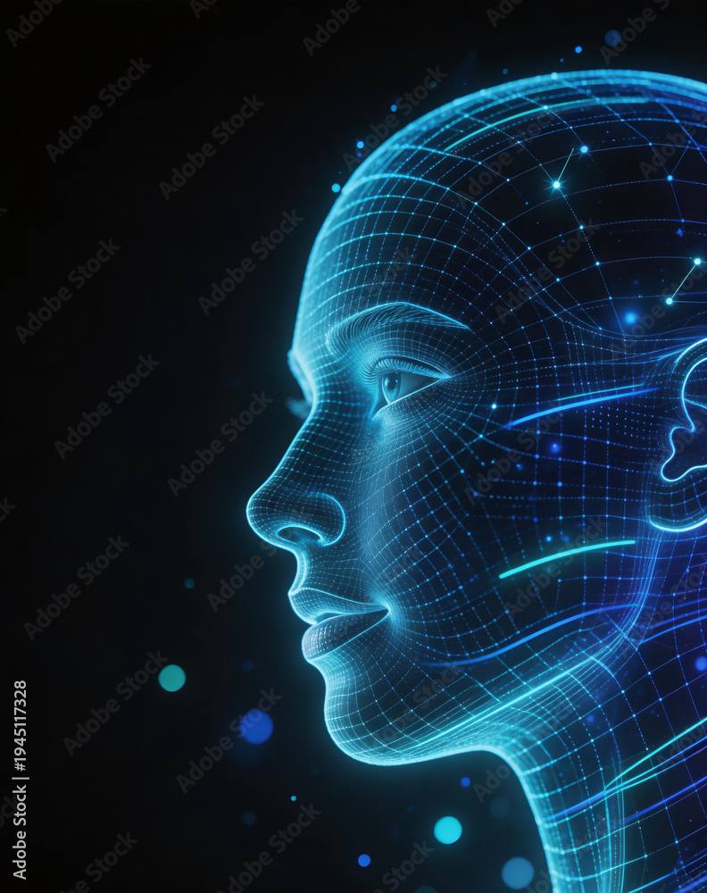 Obraz premium Cyber security support agent profile with luminous wireframe network lines